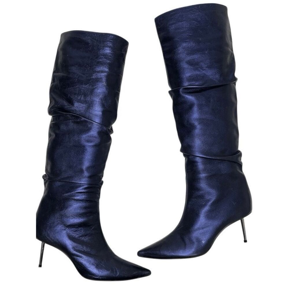 Christian Louboutin Epic Trotta 70MM Blue Metallic Leather Knee High Boots 37.5